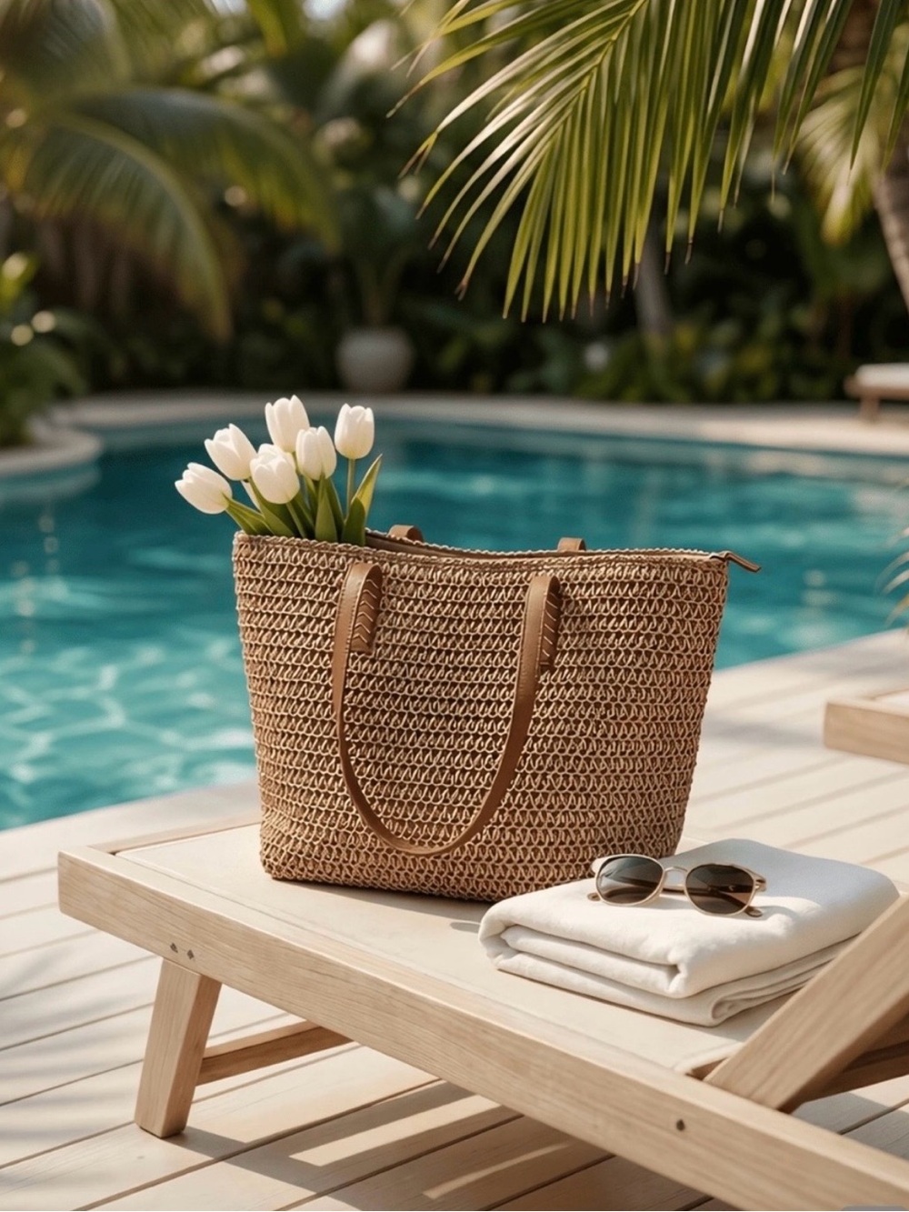 Natural Woven Tote with Tan Handles - Picture 4 of 7